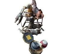 Dobbs Hat Box with Hat Knox Custom, Vintage Coleman Thermos 10 Inches Tall, 4 Plastic Horses with a Horse on Frame