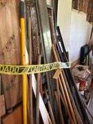 Lot of Assorted Tools and Equipment - Shovels, Rakes, Ladder, Iron Horse Work Station