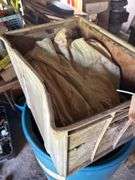 50 Gallon Barrel with Wood Scraps and Plastic Bin, 15in x 20in x 14in with Rags
