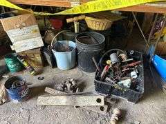 Lot of Assorted Items - Wooden Table, Metal Racks, Buckets