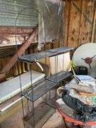 5 Clith and Chrome Kitchen Chairs, 36x24 Inch Glass and Wood Table, 2 Metal Kitchen Racks 22x9x67 Inches