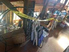 An Abundance of Vintage Items 24 x36 Ceiling Tiles, 2 Footballs, Silk Poinsettia Lights, 3 Ceiling Lights New in Boxes, Golf Bag, Large Cord Wood Ring 43 Inches