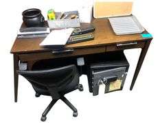 Office Desk and Chair with Contents Including 3 Hole Punch, Hand Held Metal Detectors, Office Supplies