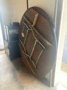 6ft Round Wooden Folding Table, Scratched Surface, Legs Held by Duct Tape