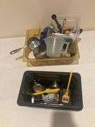 2 Plastic Bins with Measuring Tools and Oven Thermometers