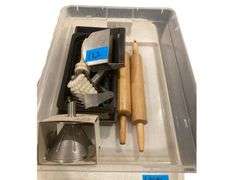Plastic Storage Bin with Rolling Pins, Pizza Making Tools, and Funnel