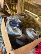 Various Household Items Barstool 2 Cloth Couch 7 Feet by 36x24 Inches 2 Chainsaw Cases Box of Christmas Decorations 5 Foot Tall Stuffed Goat