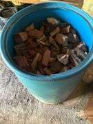 50 Gallon Barrel with Wood Scraps and Plastic Bin, 15in x 20in x 14in with Rags