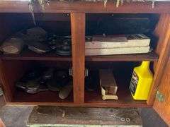 Wooden Cabinet and Crate with Contents - 12.5in x 28in x 19in
