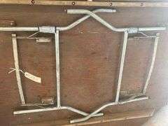 6ft Round Wooden Folding Table, Scratched Surface, Legs Held by Duct Tape