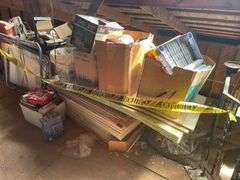 An Abundance of Vintage Items 24 x36 Ceiling Tiles, 2 Footballs, Silk Poinsettia Lights, 3 Ceiling Lights New in Boxes, Golf Bag, Large Cord Wood Ring 43 Inches