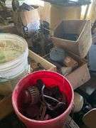 Wooden Bench Assorted Tools Wire Baskets