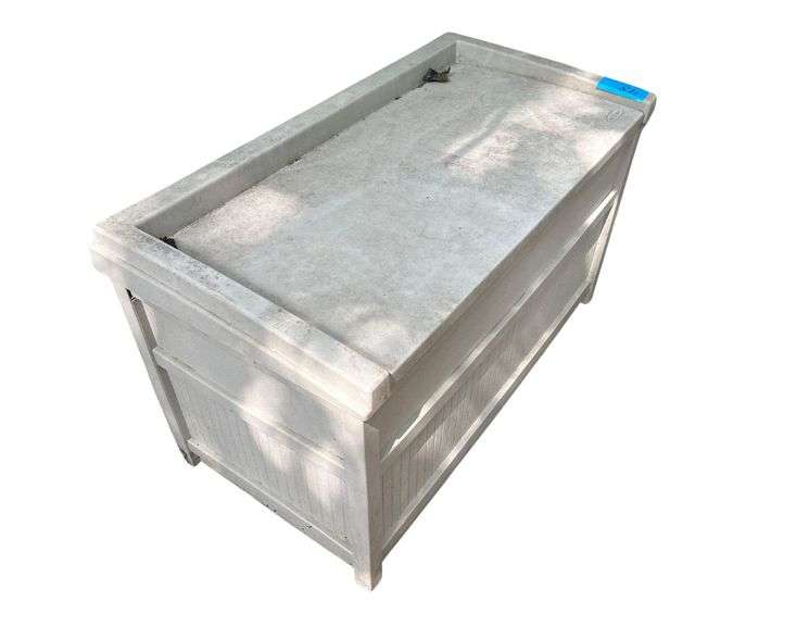 Three Suncast Plastic Storage Benches and Contents - 40 in x 21 in x 23 in image