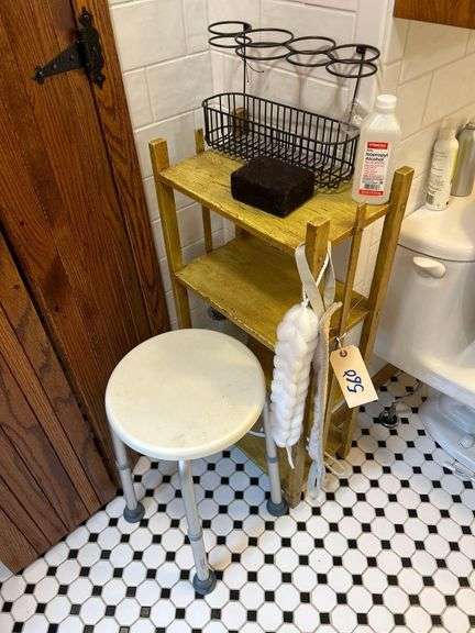 Wooden Stand, 17 in x 10 in 35 in with Contents and Stool image