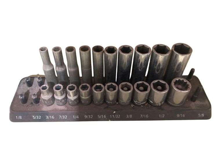 Large Assortment of SAE/Metric Ratchet Sockets on Stands. Deep and Short Sets image
