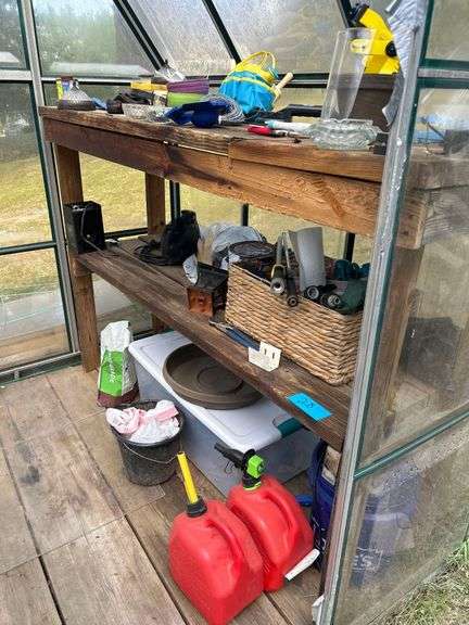 Contents of Greenhouse- Gas Cans, 2 Gal, Assorted Tools, Buckets, Etc image