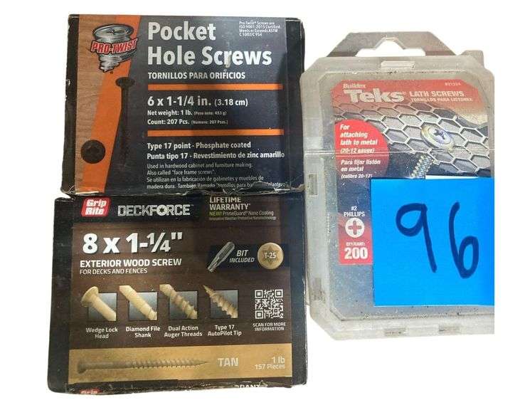 Pro-Twist Pocket Hole Screws 6x1 1/4in, Deckforce Exterior Wood Screws 8x1 1/4in, Teks Lath Screws image