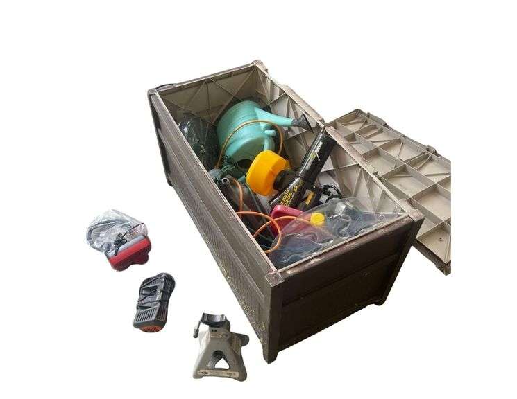 Large Crate of Pump Sprayer, Extension Cords, Watering Can, Insect Fogger, Rigid Charger, Milwaukee Charger image