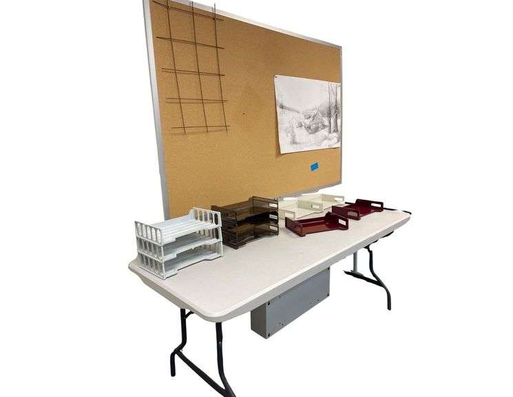 A 6x4 Foot Peg Board and a Plastic Table 72x30x29 Inches with 10 Desk Top Trays image