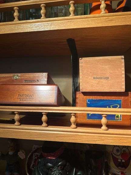 Contents Of Shelf- Wooden Cigar Boxes - Vintage Lighter - Spanish Cigarettes- Wooden Alligator Keychain image