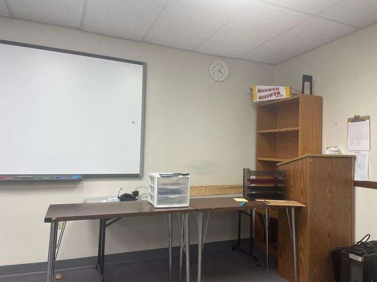 2 Adjustable Tables 40x18x29 Inches with Another Table 72x24x27 Inches a Wooden Book Shelf and a 43 Inch Tall Podium image