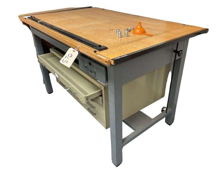 A Vintage Wooden Drafting Table Metal Base 60x38.5x37.5 image