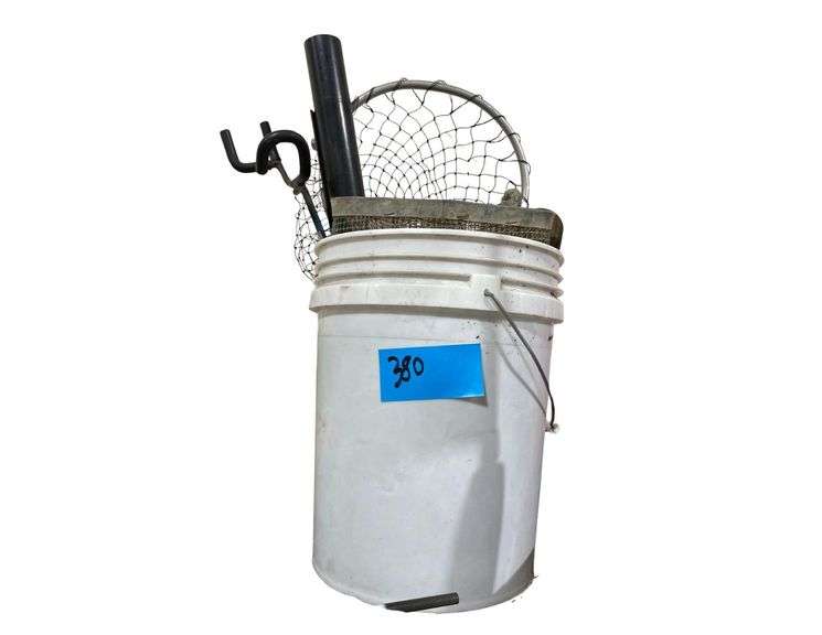 5 Gallon Bucket Containing Fishing Net Minno Trap Rod Holdet image