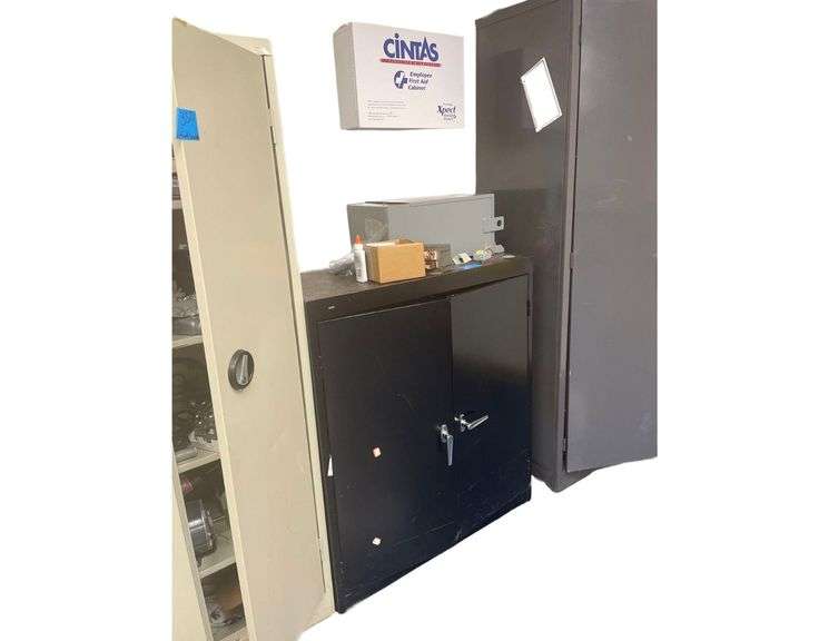 Black Metal Cabinet 36x18x39 Inches with Contents also a Cintas First Aid Cabinet image