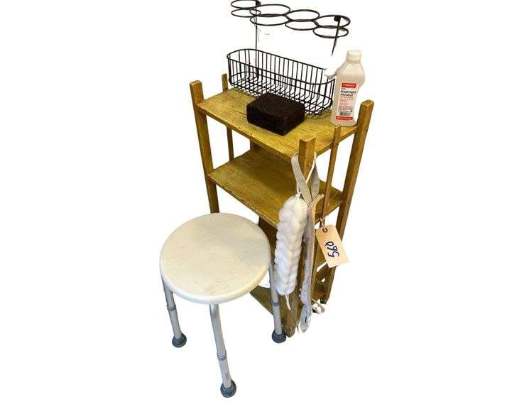 Wooden Stand, 17 in x 10 in 35 in with Contents and Stool image