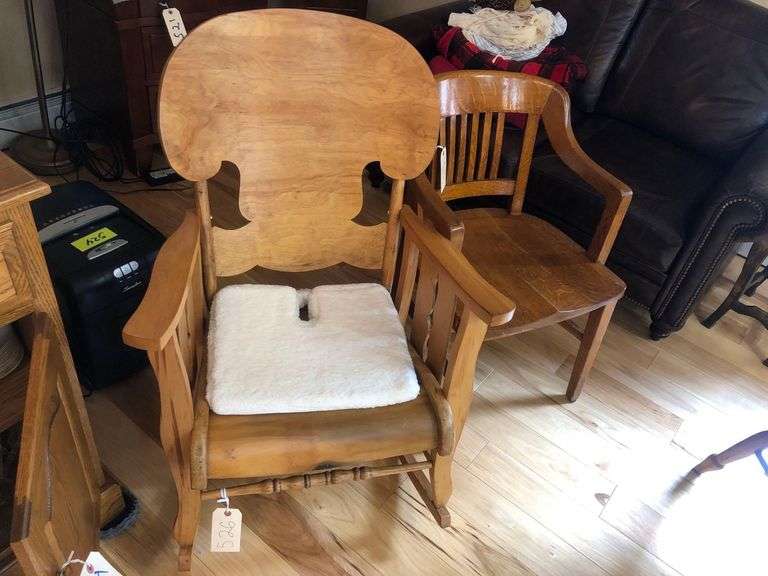 Wooden Rocking Chair Approx 28”x20”x40” With Seat Cushion and Wooden Chair Approx 22”x20”x32” image