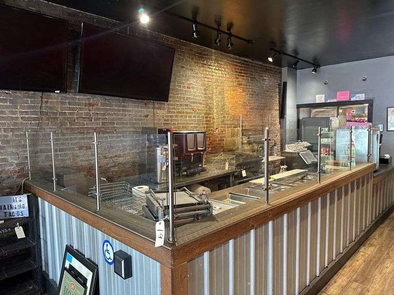 Commercial Sneeze Guard - 8 Glass Panels - 36in x 22in Each - 9 Stainless Steel Posts image