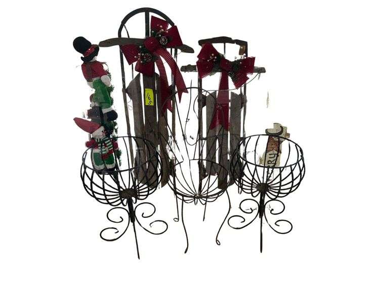 Metal Wire Planter Set - 26 in. H. X 14in. Diameter- Wooden Sled Decor image
