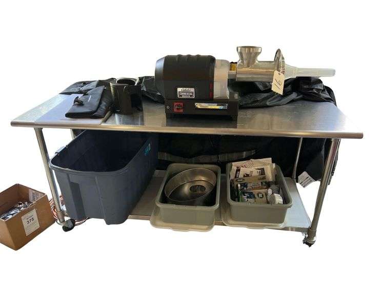 Cabelas Commercial Grade Meat Grinder - Model #42 - 21-05-0500 - Stainless Steel Table (6ft x 32in) - Bins of Accessories image