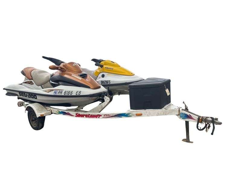 Pair of Jet Skis and Trailer - Polaris Virage (VIN#: US-PLE10746I102) & Seadoo GTX Bombardier (VIN#: 22N297868101) - ShoreLand'r PWC Trailer (VIN#: 1MDGCTK153A243995) image
