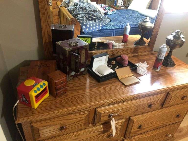Contents On Dresser Including Vintage Lamp, Jewelry, and Vintage Chinese Jewelry Box image