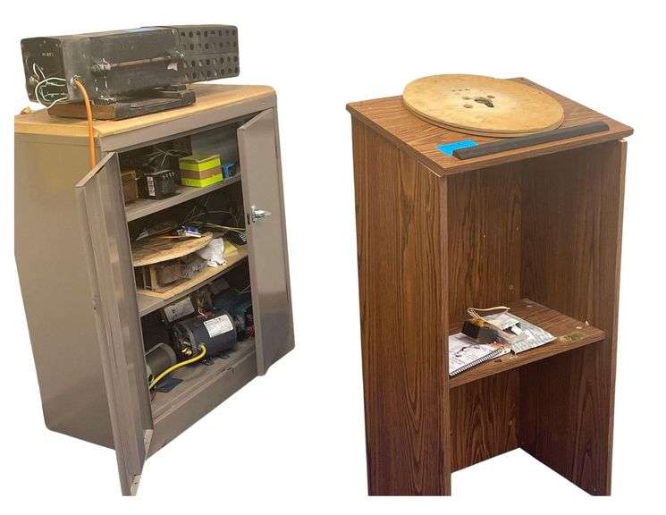 Metal Cabinet 30x18x43 Inches Containing Old Electrical Motors and a Podium 23x16x45 Inches image