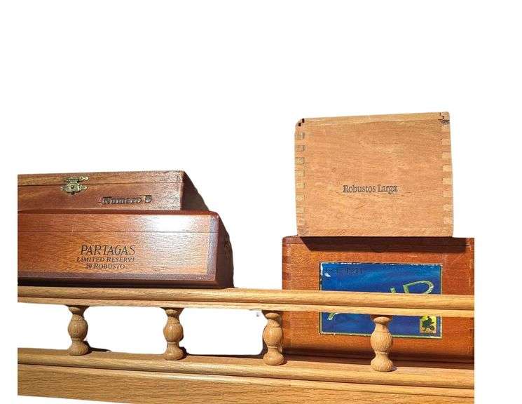 Contents Of Shelf- Wooden Cigar Boxes - Vintage Lighter - Spanish Cigarettes- Wooden Alligator Keychain image