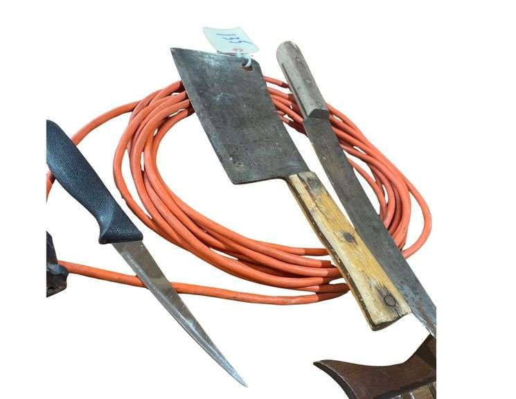 3 Vintage Butcher Knifes and a Small Extension Cord image