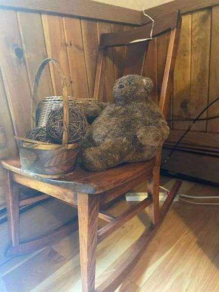 Wooden Rocking Chair 32 Inches Tall with a Fishing Basket a Fat Teddy image