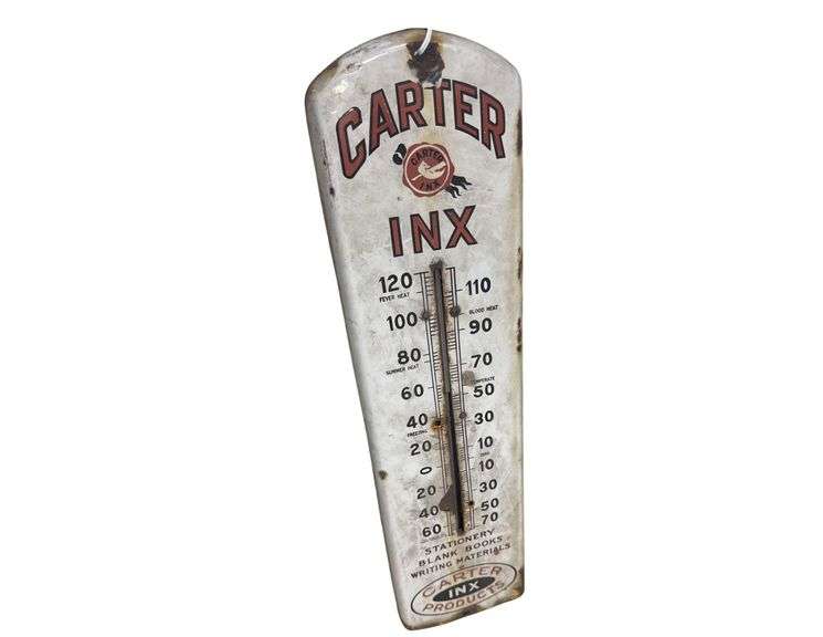Antique Porcelain Carter Products INX Thermometer Sign - 28” Tall image
