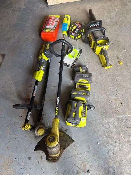 Ryobi Cordless Lithium Ion 18v Set including 2 Weed Eaters, Chainsaw, Batteries, Chargers and Accessories image