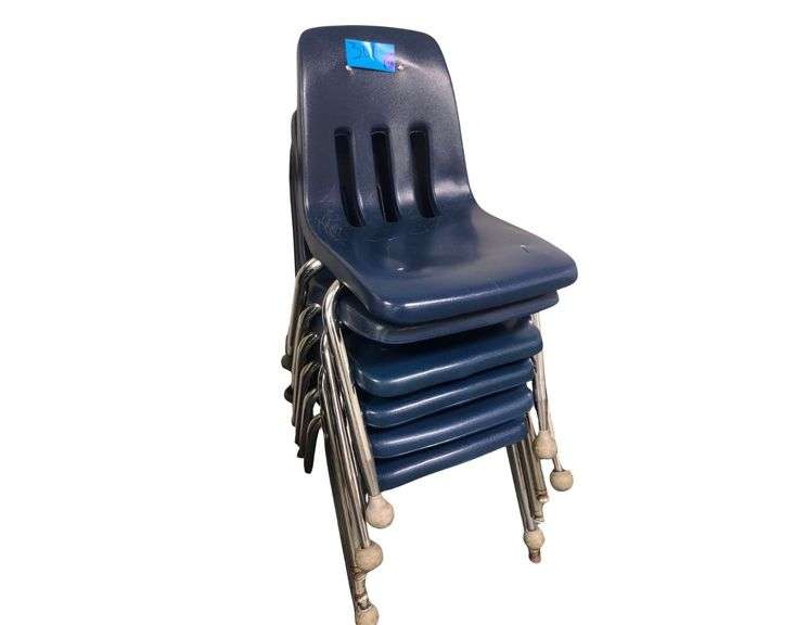 6 Virco Blue Plastic Chairs With Metal Legs image