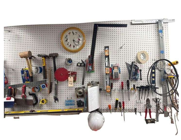 Tools Hanging On Wall - Drywall Tools - Plumbing Tools - Kobalt Combo Wrench Set - Allen Wrenches - Torch Gauges - Levels - Saws - Including Hanging Drawer Storage Cabinet Full Of Misc. Hardware image