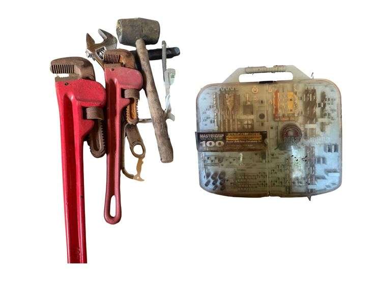 2 Pipe Wrenches 18" & 14" C Clamp Rubber Mallet Partial Dremel Kit image