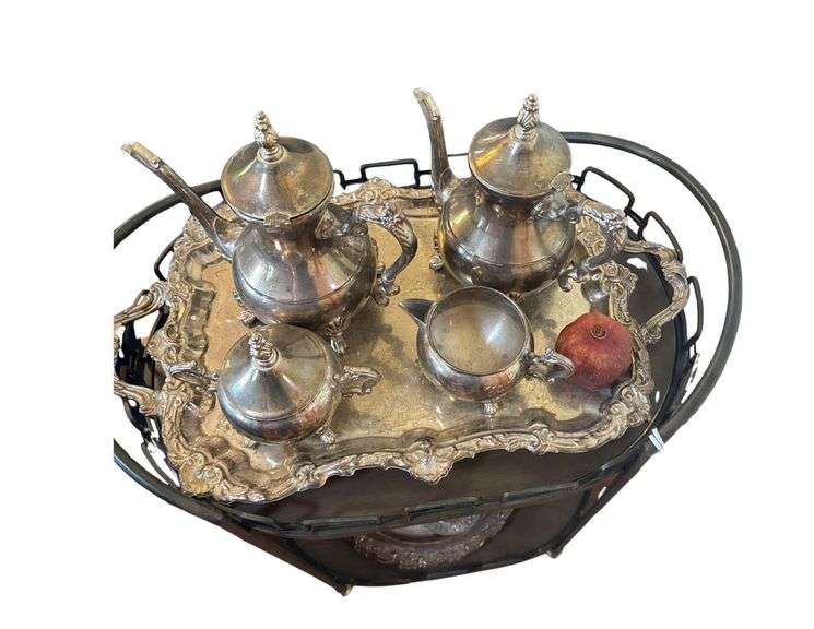 Silver Plated Coffee and Tea Set with Tray and Cart included image