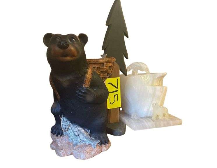 An 11 Inch Tall Black Bear with a Basket of Fish. A 17 Inch Tall Wooden Pine Tree.A 8 Inch Tall White Marble Iceberg and 3 Polar Bears image