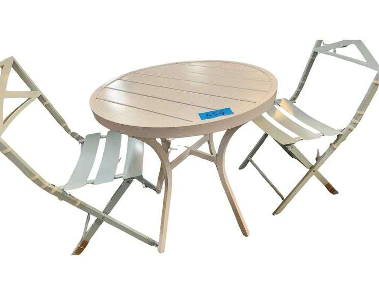 30 in Round Outdoor Table and 2 Metal Folding Chairs image