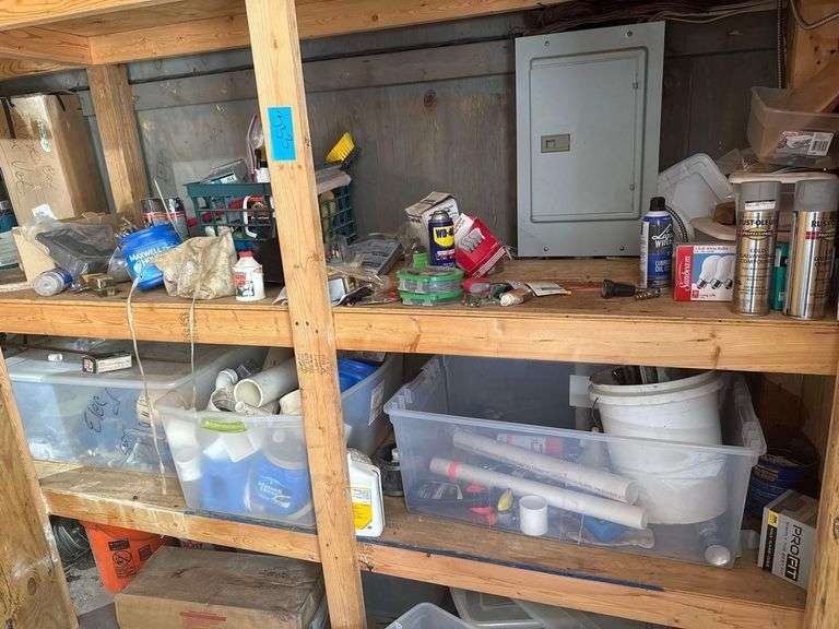 Contents of Cabinet including Hardware, PVC Fittings, Product, Cleaning Supplies, Etc image