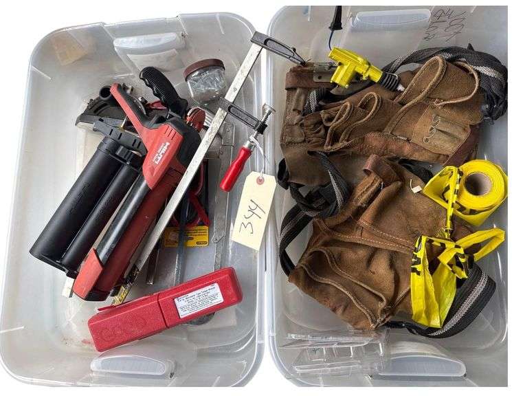 Hilti HDM 500 Adhesive Dispenser and Contents of 2 Bins - Tool Belts - Clamp - Saw image