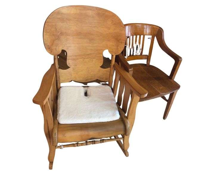 Wooden Rocking Chair Approx 28”x20”x40” With Seat Cushion and Wooden Chair Approx 22”x20”x32” image